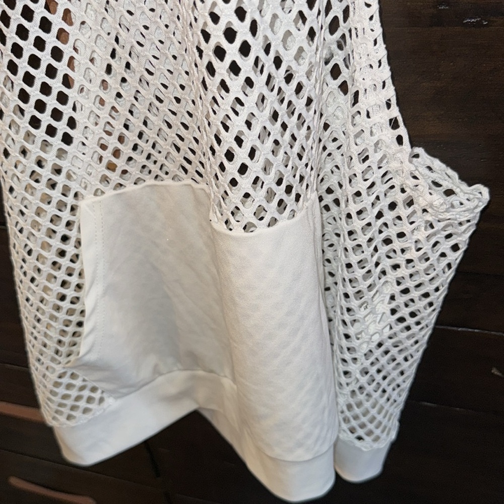 Sexy men’s sheer fishnet, white hooded tank top with pocket - Picture 7 of 9
